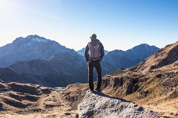 istock Hiker looks panorama mountain 500355350