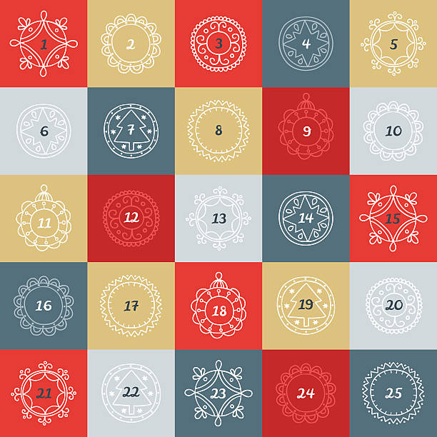 ilustrações, clipart, desenhos animados e ícones de calendário adventista de natal. caixas coloridas com quadros em estilo linear - advent calendar christmas number red