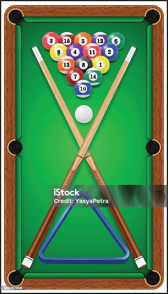 Billard Balls Cue And Billiard Triangle In A Pool Table Stock
