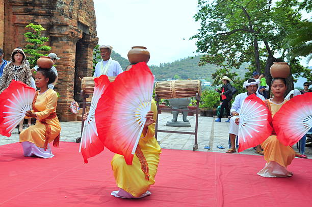 Nha Trang, Vietnam - July 11, 2015: Performing of a traditional folk dance of champa at the Ponagar temple in Nha Trang