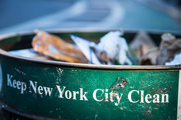 Trash can in New York City stock photo