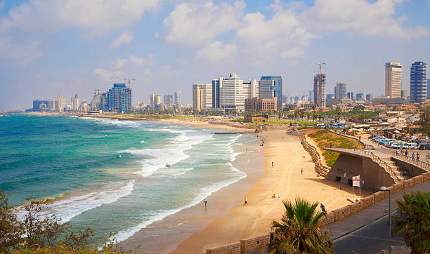 Tel Aviv beach Tel Aviv coast view as seen from Jaffa. View of beaches and boardwalk. tel aviv photos stock pictures, royalty-free photos & images
