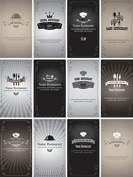 Retro cards set of business cards on the theme of food and drinks in style Black and white film chef borders stock illustrations