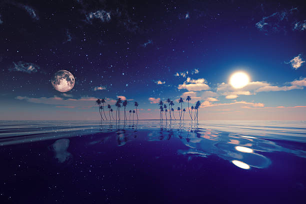 sun and moon behind island sun and moon behind island with coconut palms fantasy moonlight beach stock pictures, royalty-free photos & images