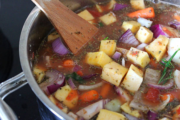 istock Chicken stew / vegetable casserole cooking in saucepan / pan, vegetable soup 500360427