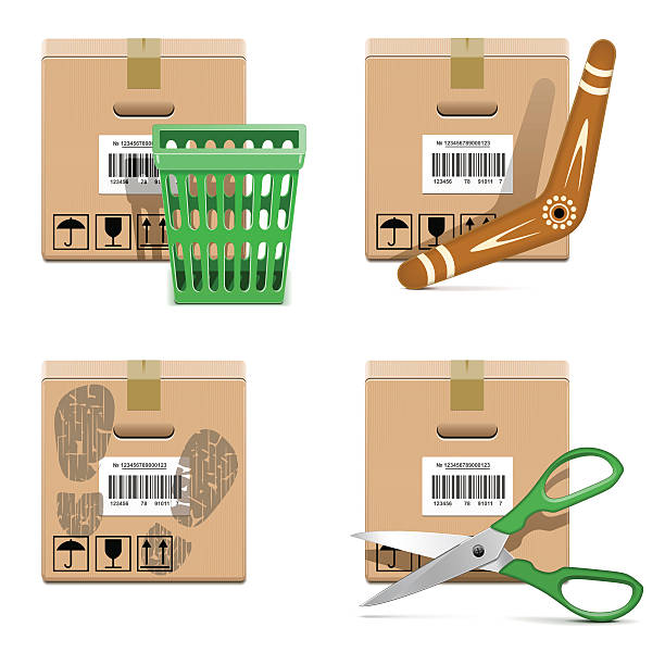 Vector Shipment Icons Set 33 Vector carton box with scissors, boomerang, bin and traces, isolated on white background refundable stock illustrations