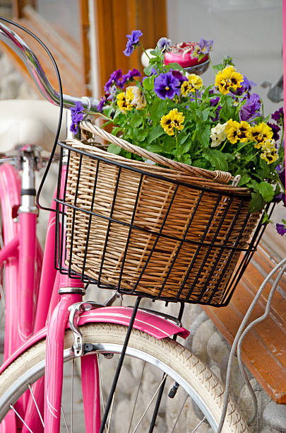 istock Flowers in handlebar basket of a pink bicycle. 500361847