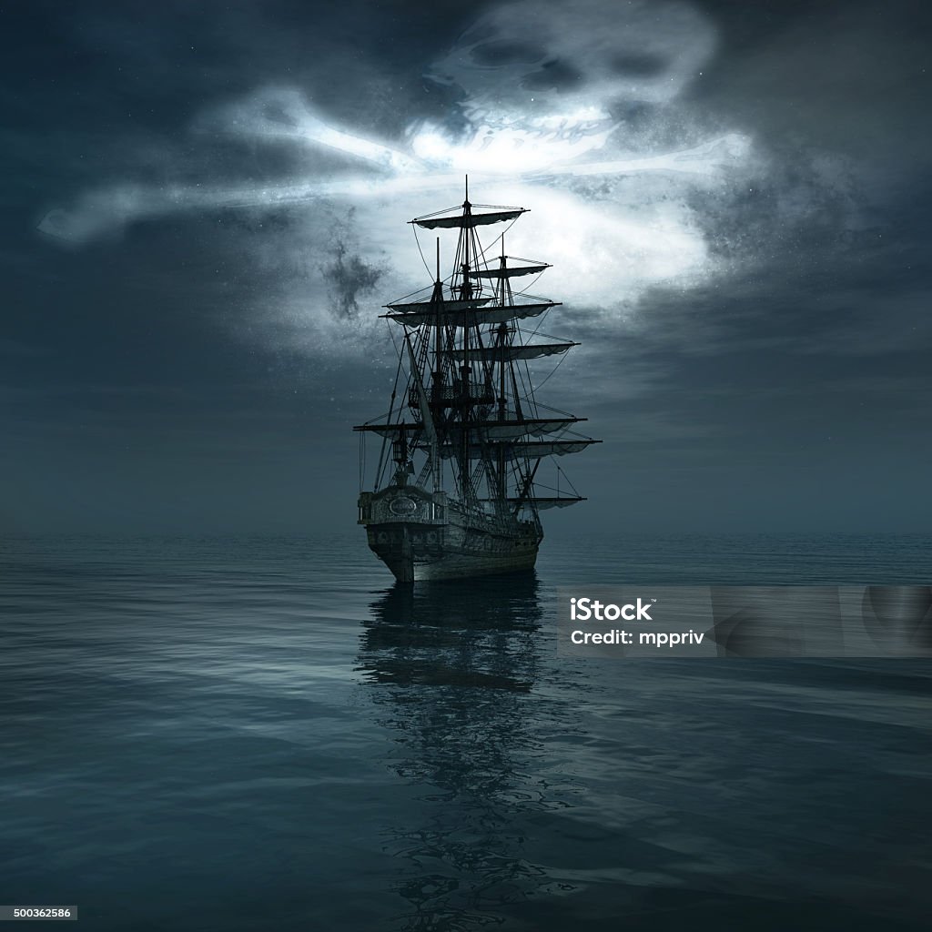 Old pirate ship Jolly Roger in the sky over the sailing ship Pirate Flag Stock Photo