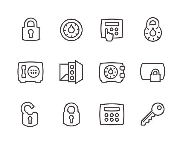 ilustraciones, imágenes clip art, dibujos animados e iconos de stock de contorno de teclas y cierres de iconos - combination lock illustrations