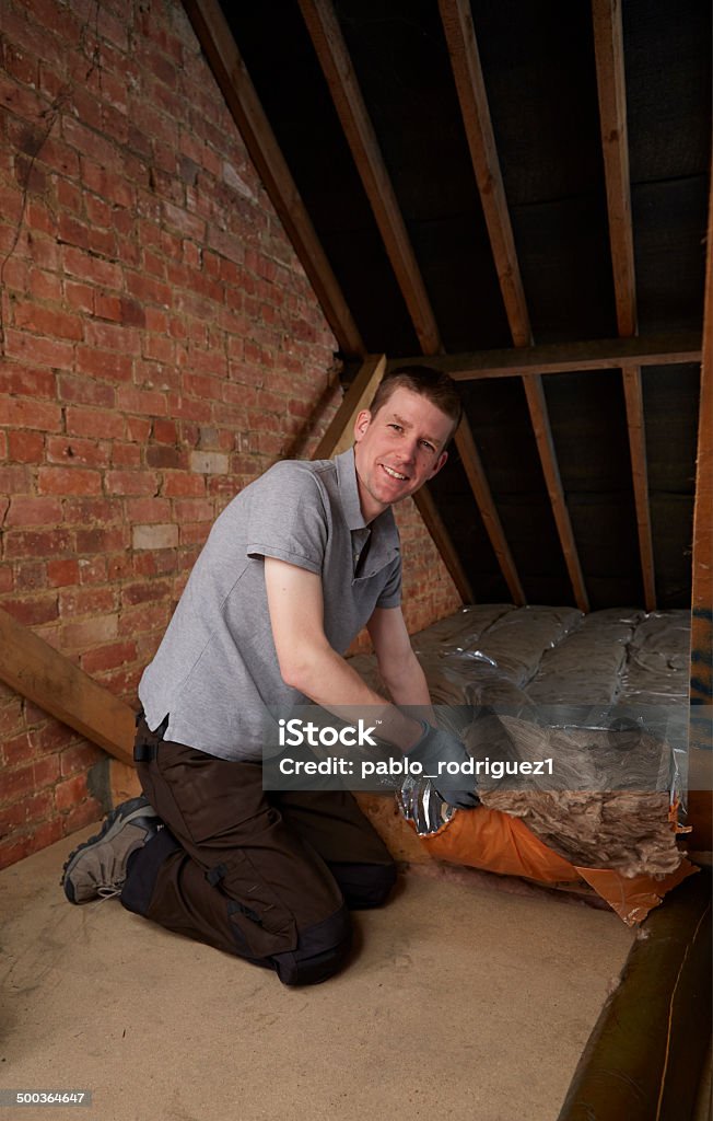 Tradesman fits insulation in attic 30-39 Years Stock Photo