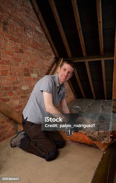 Tradesman Fits Insulation In Attic Stock Photo - Download Image Now - 30-39 Years, Adult, Adults Only