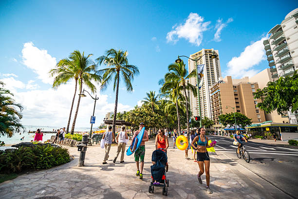 Waikiki, Hawaii, USA  - January 5, 2014: People jogging, cycling and walking along Waikiki Beach