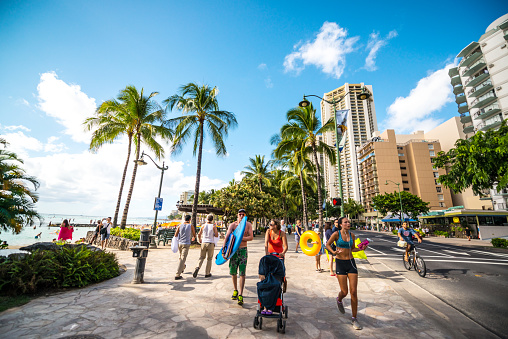Waikiki, United States – August 01, 2022: A crowded beach in Waikiki with Diamondhead in the background