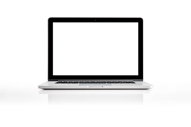 Macbook Pro Los Angeles, USA - April 11, 2014: Front view of an open 15" Apple MacBook Pro laptop. This photo was shot in the studio on plexiglass isolated on a white background. apple computer stock pictures, royalty-free photos & images