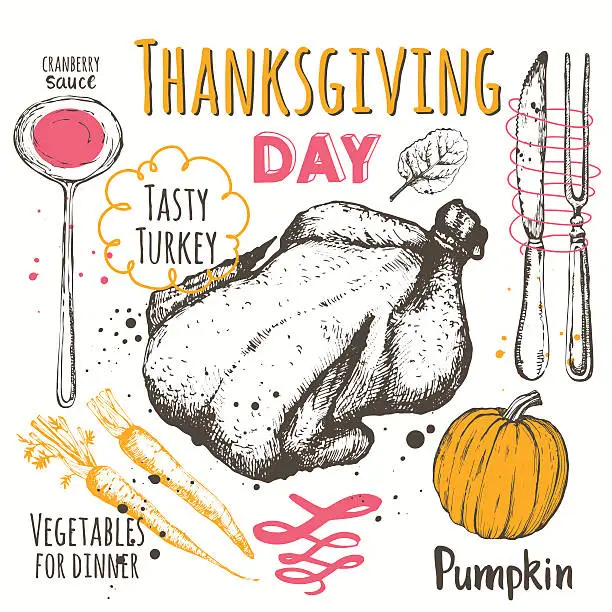 Vector illustration of Thanksgiving day. Vector illustration of festive traditional food.
