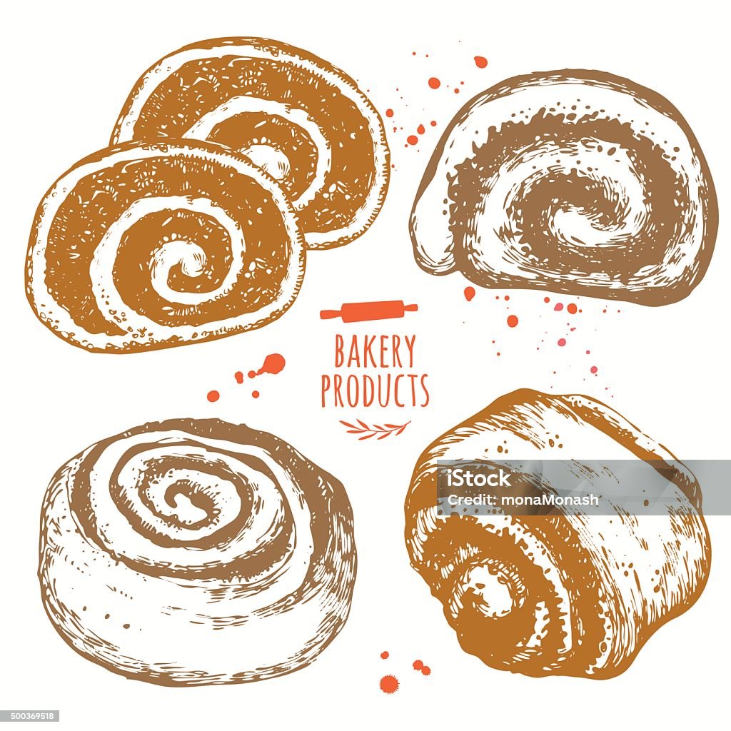 Set of hand drawn buns and rolls. Fresh organic food. Vector illustration with sketch bakery products. Roll with poppy seeds and cinnamon roll. Cinnamon Bun stock vector