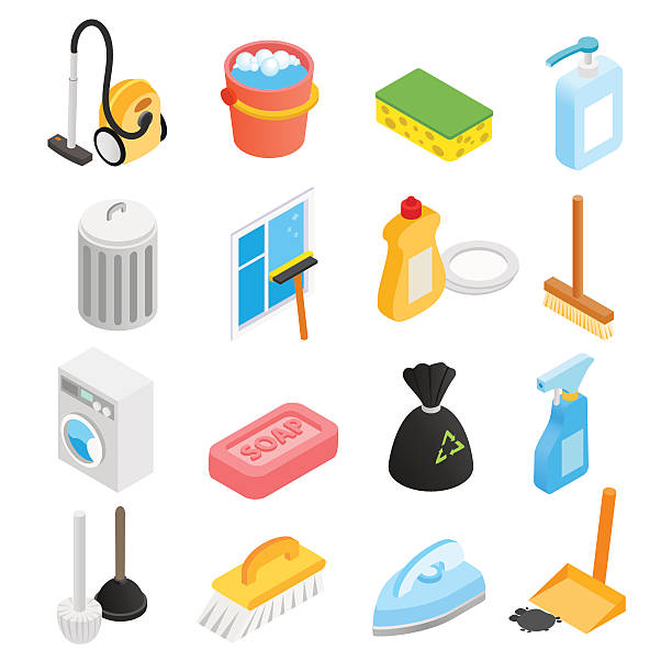 Cleaning isometric 3d icons Cleaning isometric 3d icons set for web and mobile devices bucket and sponge stock illustrations