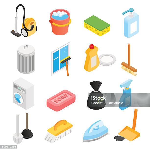 Cleaning Isometric 3d Icons Stock Illustration - Download Image Now - Isometric Projection, Cleaning, Bath Sponge