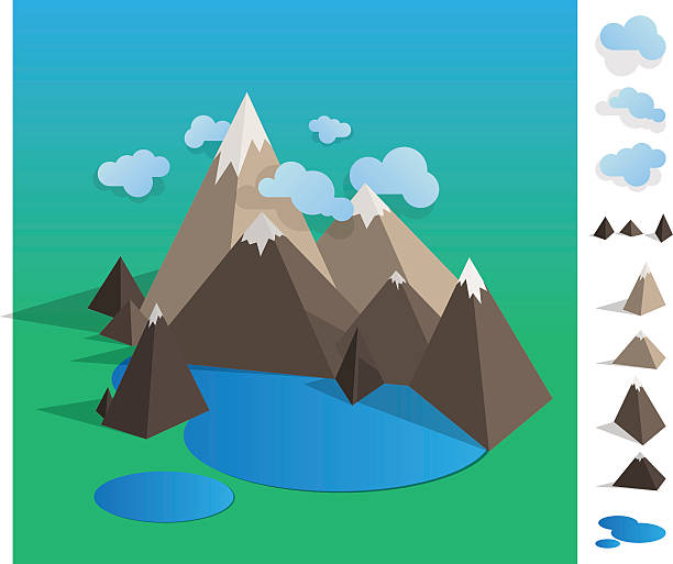 ilustrações de stock, clip art, desenhos animados e ícones de ilustração de paisagem do lago mountaun geométrica - mountain mountain range snow cloudscape