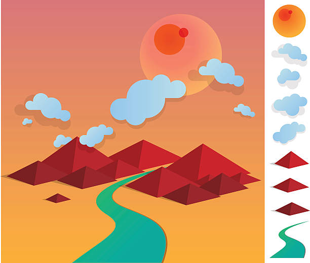 ilustrações de stock, clip art, desenhos animados e ícones de geométrica ilustração de paisagem com rio entre hills - mountain mountain range snow cloudscape