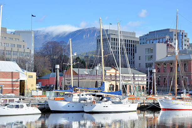 Sail Boats and Reflection in Hobart Harbour on Clear Winter Day, Tasmania, Australia