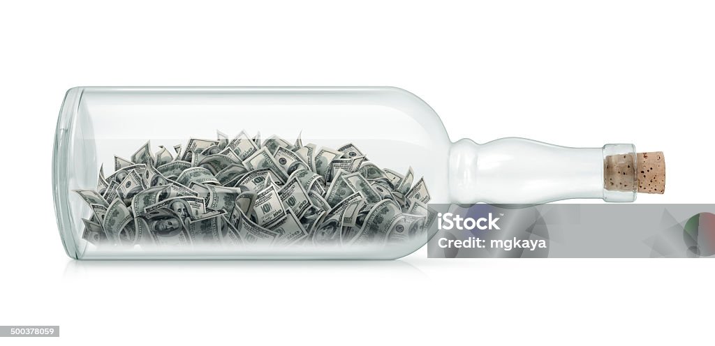 Money in a Bottle Heap of money (one hundred-dollar bills) in a bottle. Clean image and isolated on white background. Message in a Bottle Stock Photo