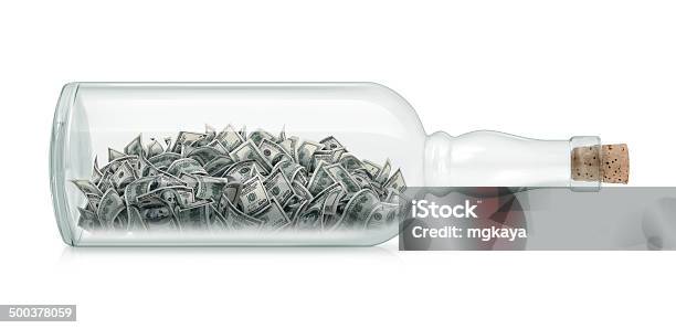 Money In A Bottle Stock Photo - Download Image Now - Message in a Bottle, Wine Bottle, American One Hundred Dollar Bill