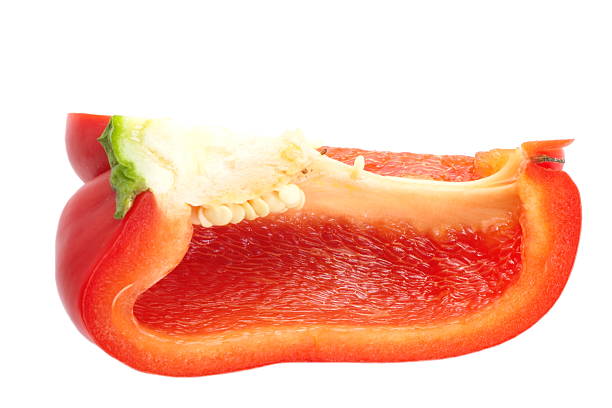 A heap of strips of a red bell pepper on a white background