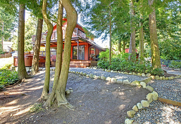 istock Countryside house backyard with gravel walkway 500379063