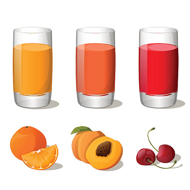 illustrazioni stock, clip art, cartoni animati e icone di tendenza di set di succhi di frutta in vetro (arancione, pesca, cherry) - peach fruit portion orange