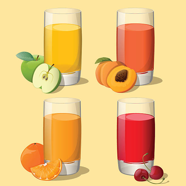 illustrazioni stock, clip art, cartoni animati e icone di tendenza di set di succhi di frutta in vetro (mela, arancione, pesca, cherry) - peach fruit portion orange