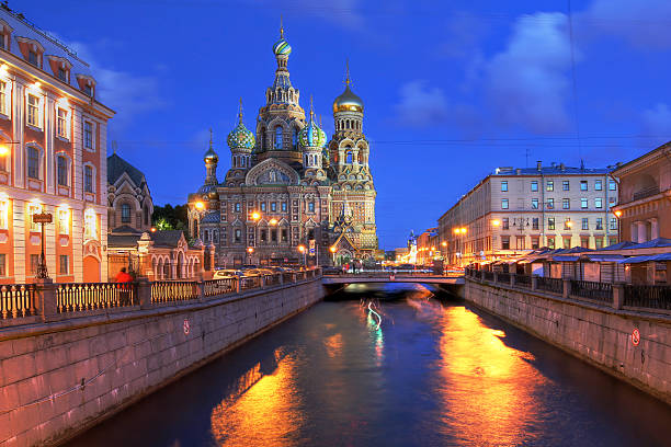 Church on Spilled Blood (or Resurrection Church of Our Saviour) in Saint Petersburg, Russia on Griboedova Canal at twilight during the white nights of June.