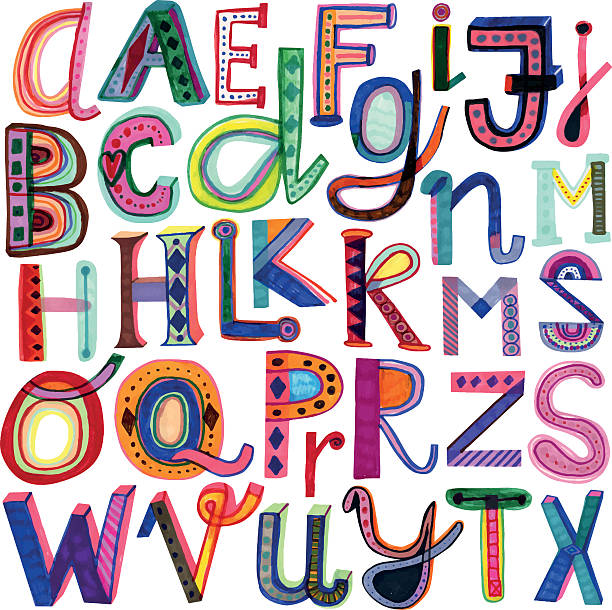 hand drawn bunte alphabet - letter h letter t letter o text stock-grafiken, -clipart, -cartoons und -symbole