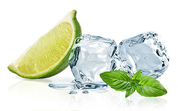 Ice cubes,lime wedge and basil leaves Ice cubes,lime wedge and basil leaves isolated on white background garnish stock pictures, royalty-free photos & images