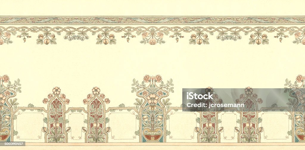Art Noveau Floral Frame Work Ornaments from: Naturalistics – Coloured templates in English character for ceiling and wall painting for practical use and suitable for every room.  Illustrated with 20 chromolithographs. Published in 1899 by Carl Lange (Berlin) Construction Frame stock illustration