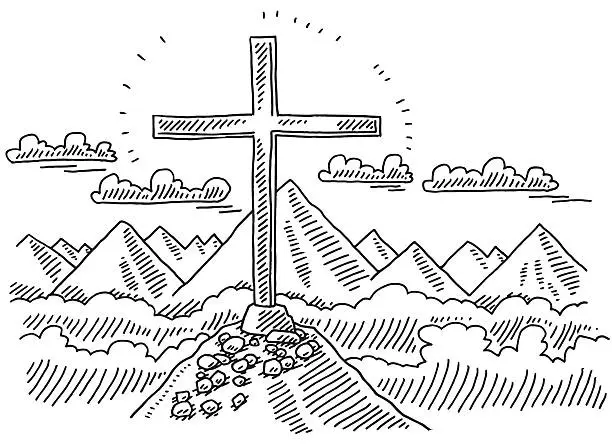 Vector illustration of Summit Cross Mountain Landscape Drawing