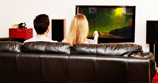 istock Relaxing at home: backview of young couple watching television 500392225