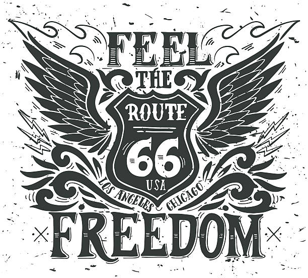 Feel the freedom. Route 66. Hand drawn vintage illustration Feel the freedom. Route 66. Hand drawn grunge vintage illustration with hand lettering. This illustration can be used as a print on t-shirts and bags, stationary or as a poster. motorcycle drawings stock illustrations