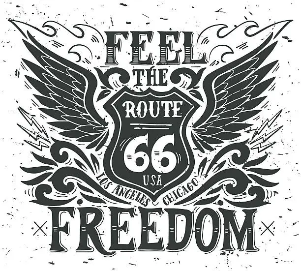 Vector illustration of Feel the freedom. Route 66. Hand drawn vintage illustration