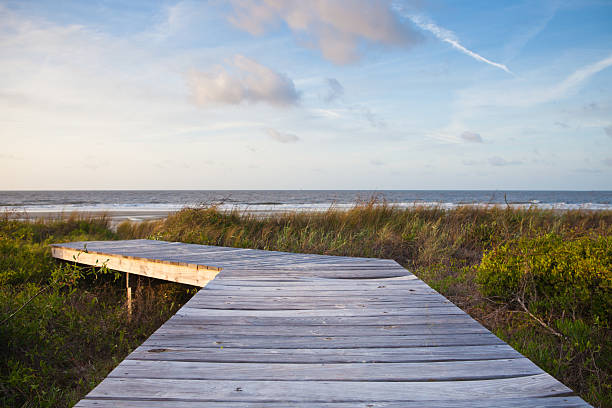 Wooden boardwalk leading to the beach on beautiful morning Wooden boardwalk leading to the beach on beautiful morning hilton head photos stock pictures, royalty-free photos & images