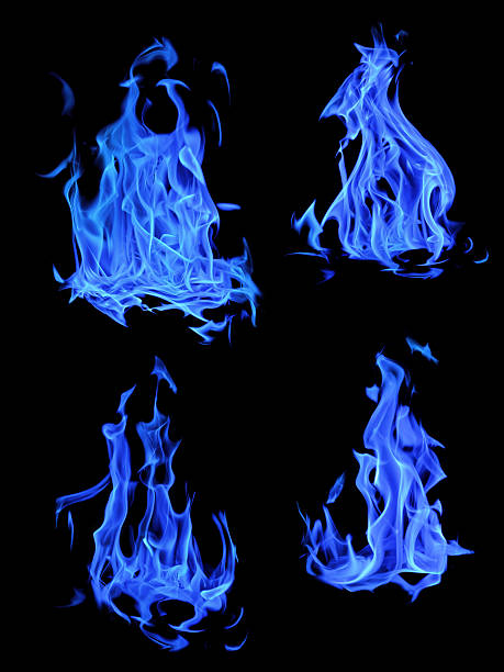 four isolated on black blue flames set stock photo