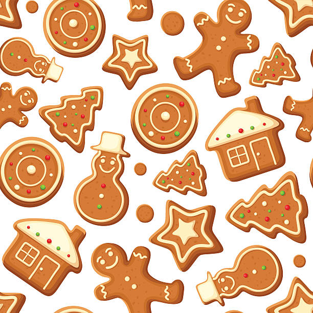 ilustraciones, imágenes clip art, dibujos animados e iconos de stock de fondo sin costuras con pan de jengibre cookies. ilustración vectorial. - tarta de jengibre