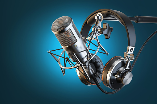 Headphones on microphone stand, professional studio. 3d illustration