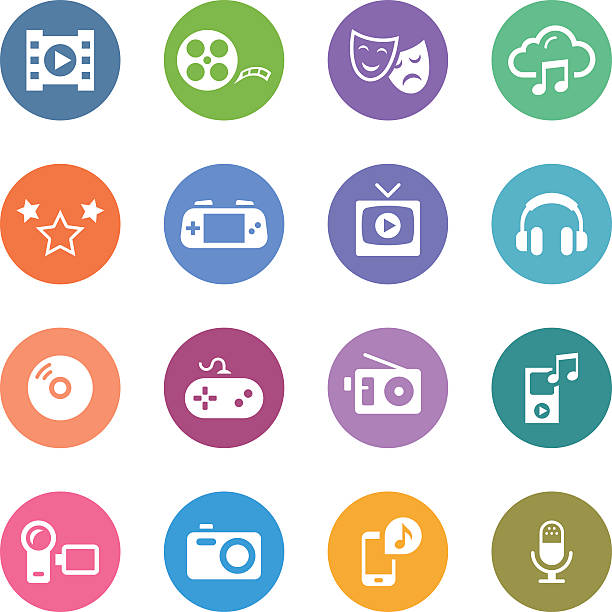 ilustraciones, imágenes clip art, dibujos animados e iconos de stock de conjunto de iconos de color círculo/entretenimiento - multimedia gamepad television photograph