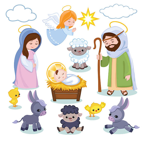 세트마다 크리스마스 장면 요소가 있습니다. 말풍선이 있는 nativity 홀리 부품군. - baby chicken illustrations stock illustrations