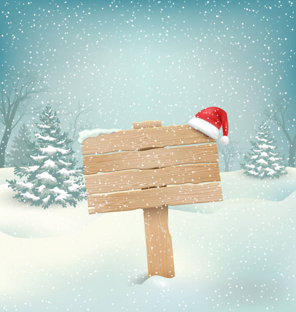 Winter Background with Wooden Signpost and Santa Hat Winter Christmas Background with Wooden Signpost and Santa Hat north pole stock illustrations