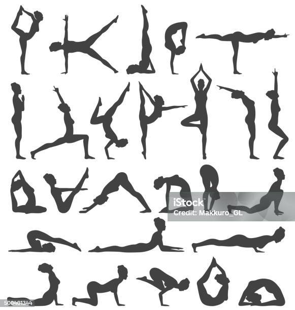 Ilustración de Colección De Yoga Plantea Conjunto De Iconos Negro Aislado En Blanco y más Vectores Libres de Derechos de Pilates