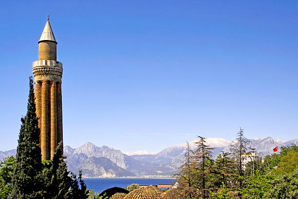 Looking across the bay of Alanya with a minaret in the foreground in Turkey