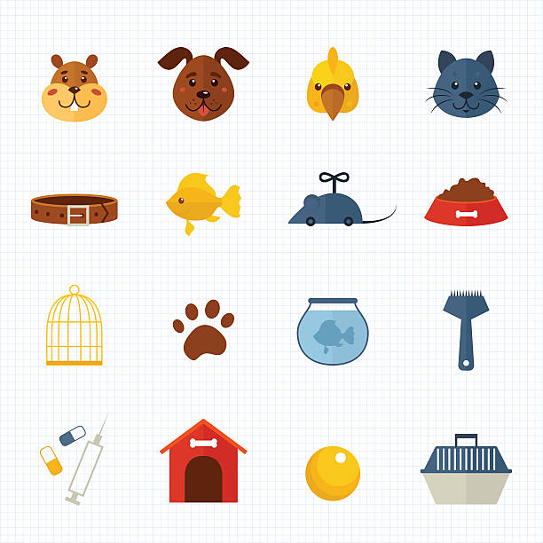 Flat pet icons set Flat pet icons set with 16 elements pet toy stock illustrations