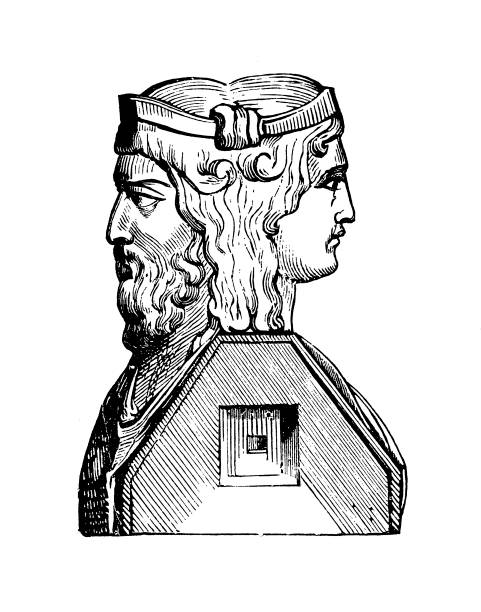 Janus (antiqe engraving) 19th-century illustration of Janus, in Roman mythology the god of beginnings and transitions,gates, doors, passages, endings and time. Original artwork published in "A pictorial history of the world's great nations: from the earliest dates to the present time" by Charlotte M. Yonge (Selmar Hess, New York, 1882). janus head stock illustrations